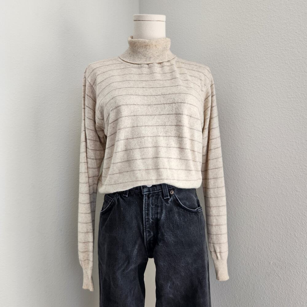 Vintage 90s Jean Pierre Cream Lilac Striped Knit Turtle Neck Sweater Minimal S